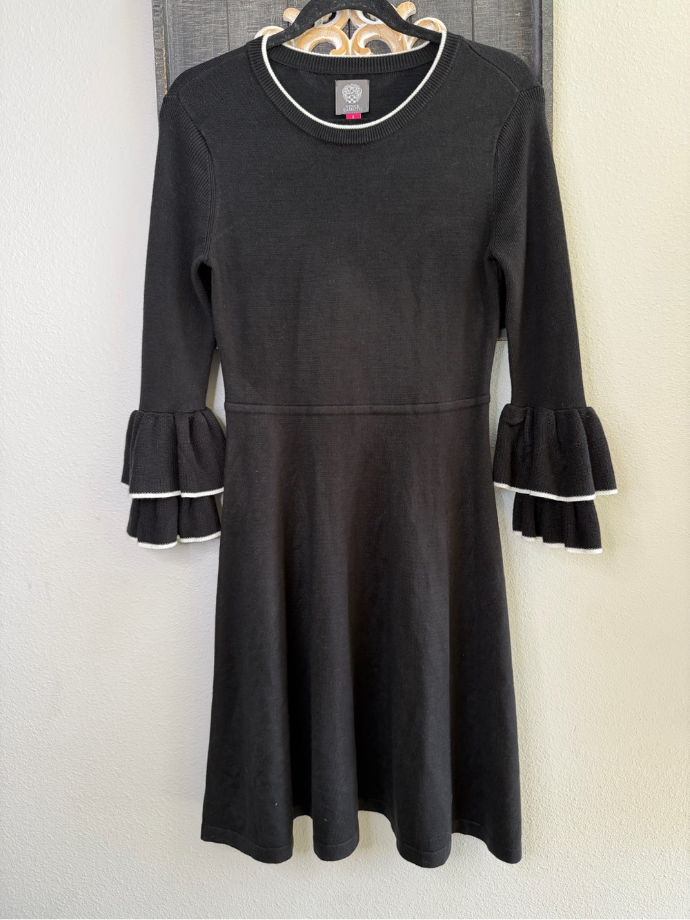Vince Camuto Black Knit Dress with White Trim Ruffle Sleeves